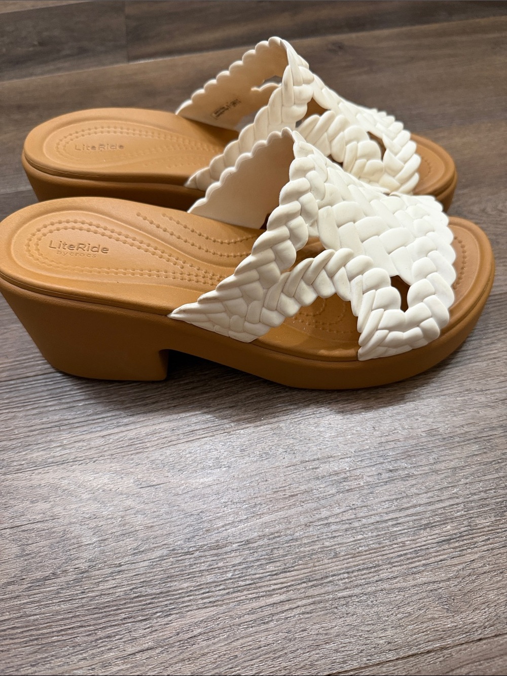 White Woven Slide Sandals with Tan Platform - LiteRide
